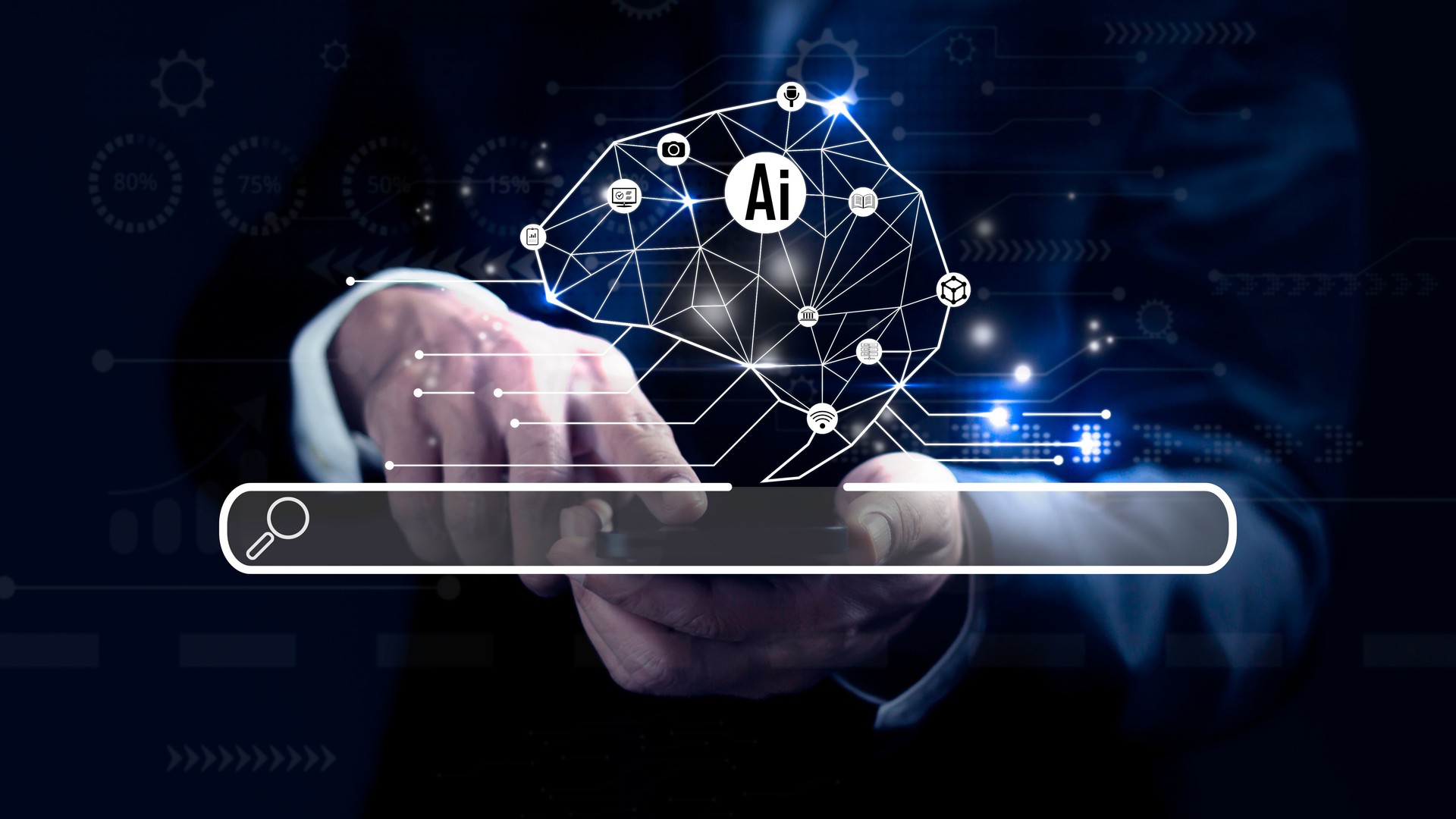Businessman interacts with futuristic search bar with digital brain. Artificial intelligent concept.